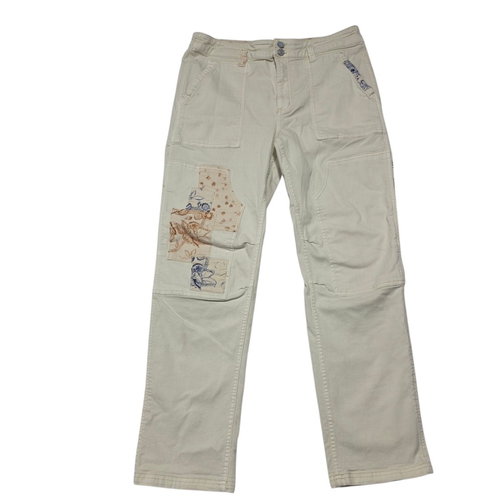 Pilcro Patchwork Floral Straight Leg Pants Women 31 Tall Cream Boho Utility